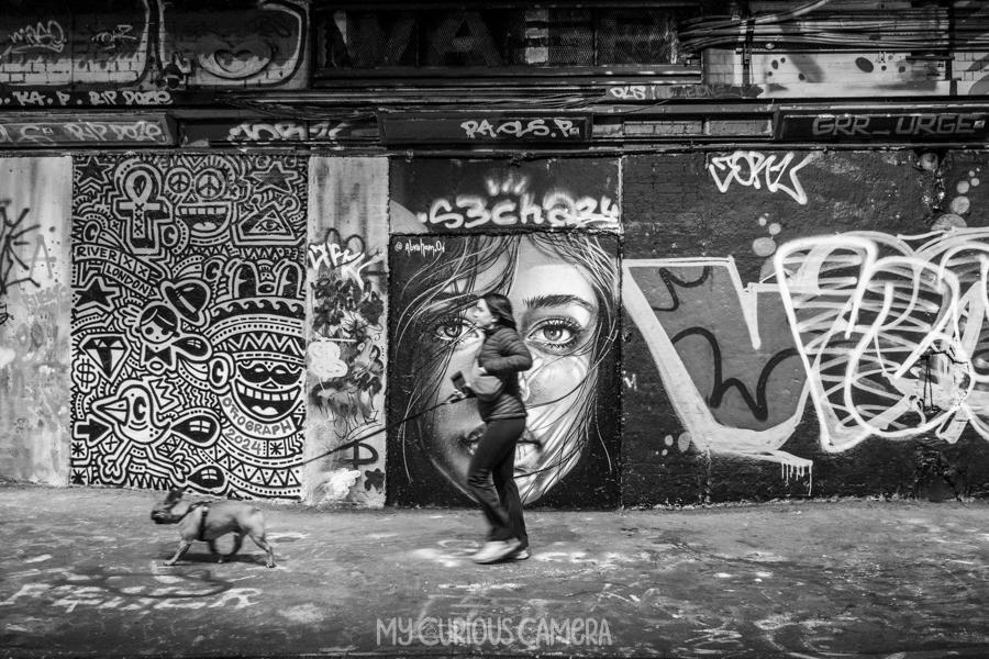 Young woman walking her dog through the Leake Street Tunnel