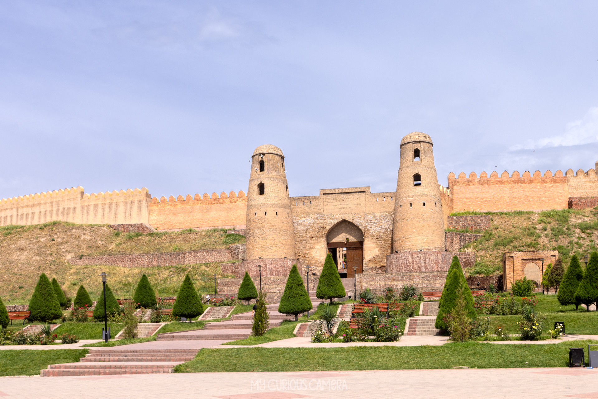 The impressive entrance to Hisor Fortress. The famous twin towers and baked-brick gateway are the site's most recognisable feature and incorporate some of the oldest surviving elements of the fortress.